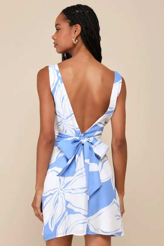 Deeply Sweet Blue and White Floral Tie-Back Shift Mini Dress sold by Lulus product image thumbnail 2