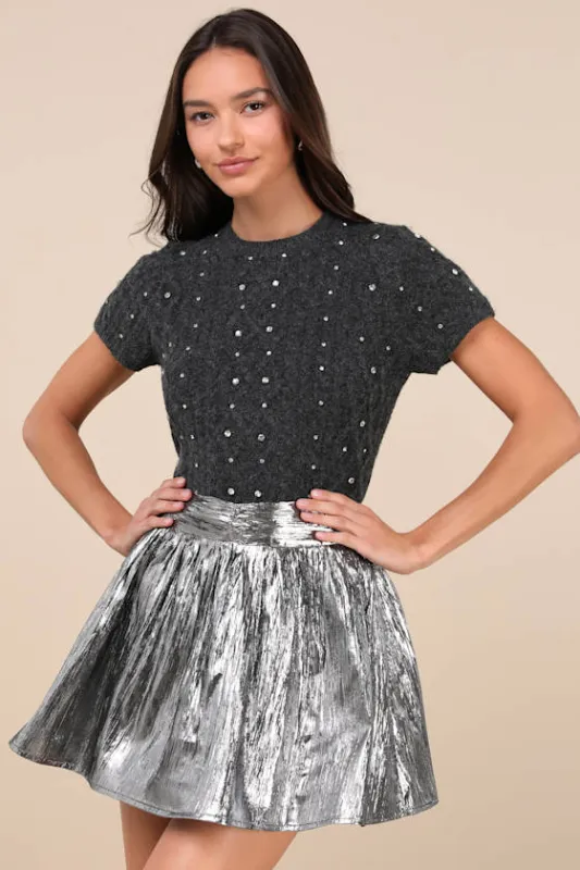 Celebrated Shine Silver Metallic Mini Skirt sold by Lulus