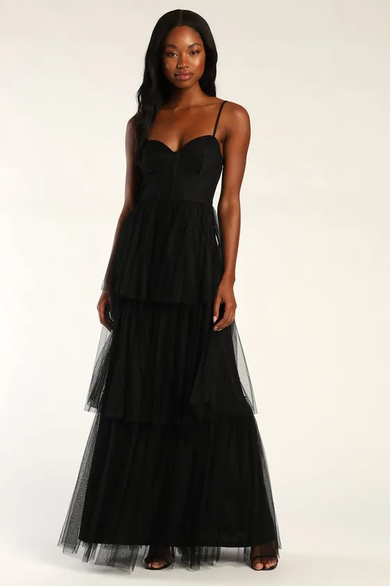 Tulle-y Amazing Black Tulle Sleeveless Bustier Maxi Dress sold by Lulus