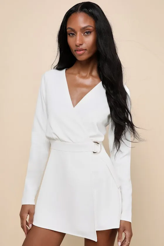 Rooftop Bar White Long Sleeve Faux-Wrap Belted Skort Romper sold by Lulus