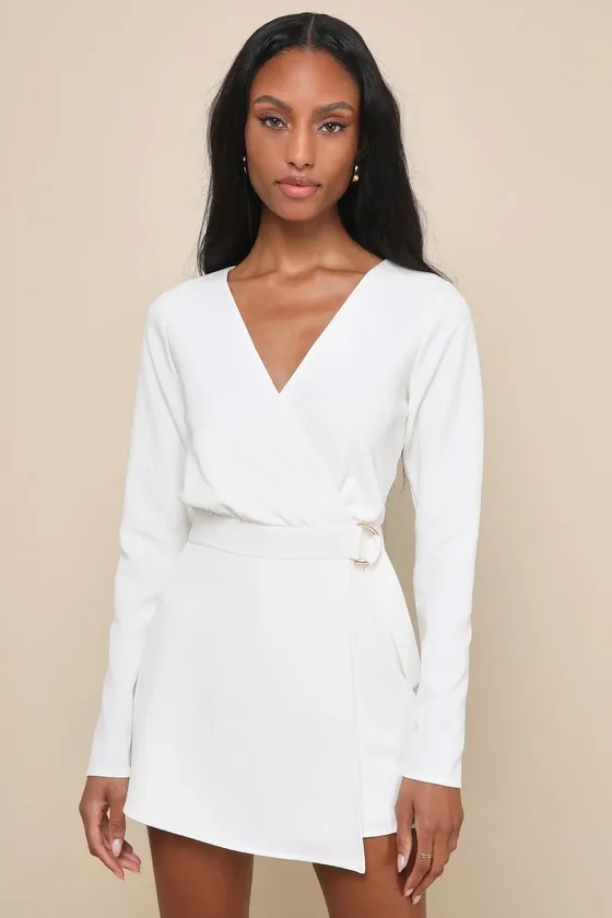 Rooftop Bar White Long Sleeve Faux-Wrap Belted Skort Romper sold by Lulus product image thumbnail 2