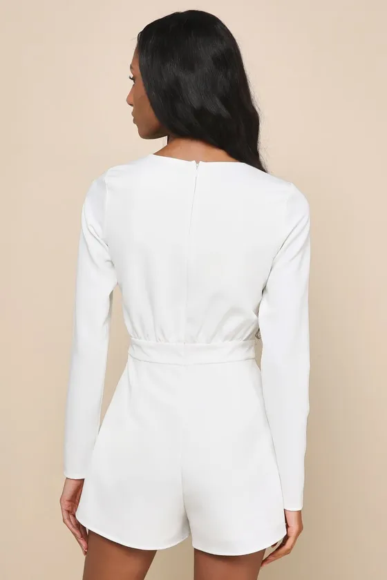 Rooftop Bar White Long Sleeve Faux-Wrap Belted Skort Romper sold by Lulus product image thumbnail 4
