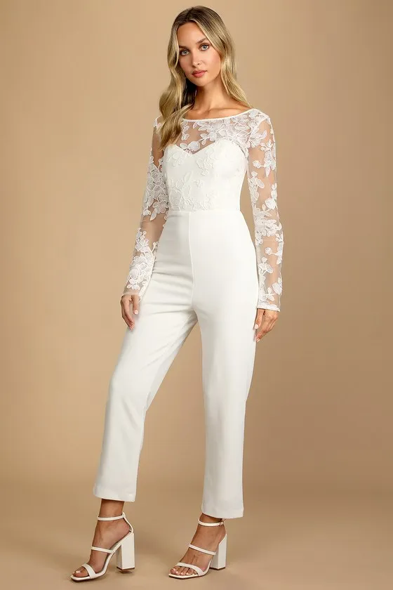 Write Your Own Romance White Embroidered Long Sleeve Jumpsuit sold by Lulus