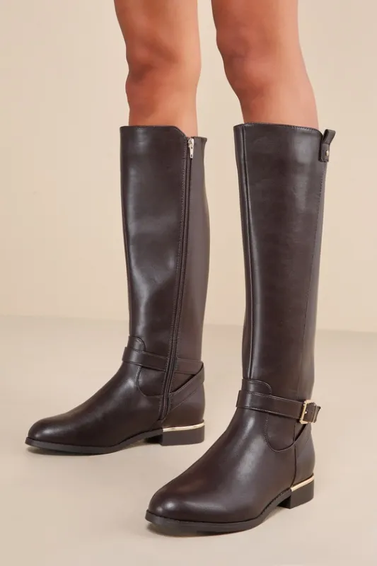 Baruna Dark Brown Buckle Knee-High Boots made by Lulus