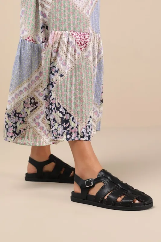 Jasmina Black Vegan Leather Stitched Fisherman Sandals sold by Lulus