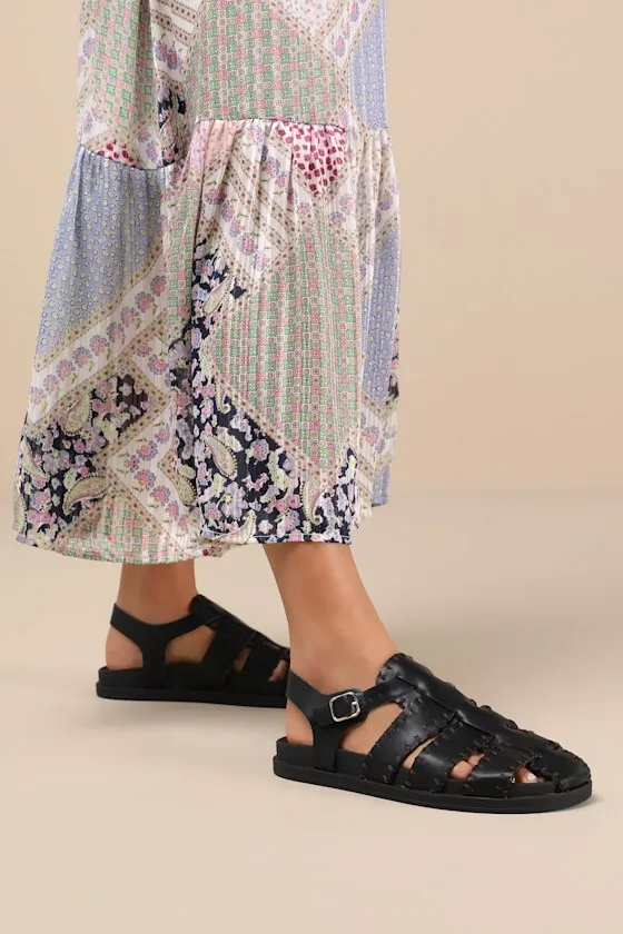 Jasmina Black Vegan Leather Stitched Fisherman Sandals sold by Lulus