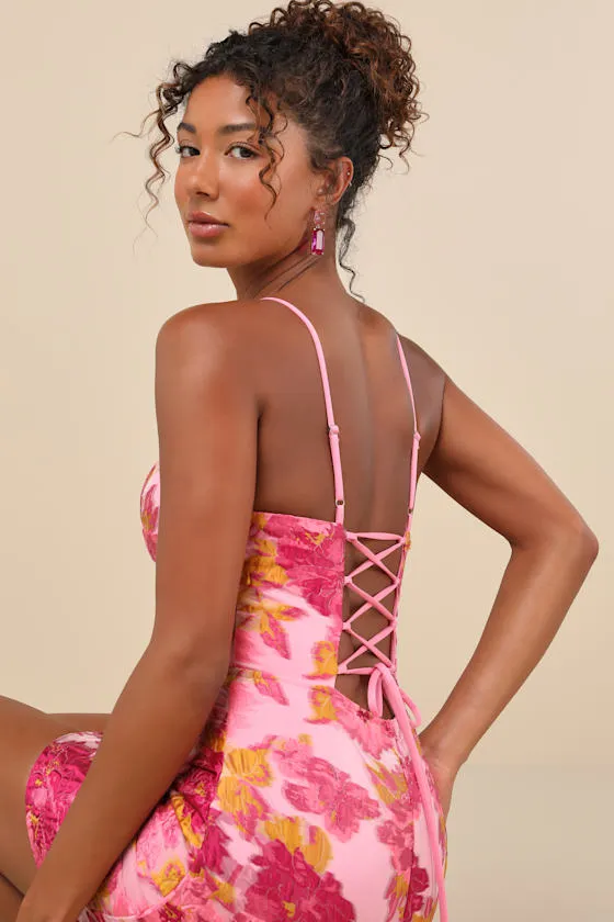Flirtatious Composure Pink Jacquard Lace-Up Bustier Mini Dress sold by Lulus product image thumbnail 2