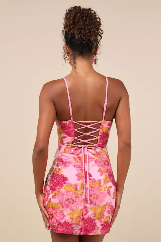 Flirtatious Composure Pink Jacquard Lace-Up Bustier Mini Dress sold by Lulus product image thumbnail 4