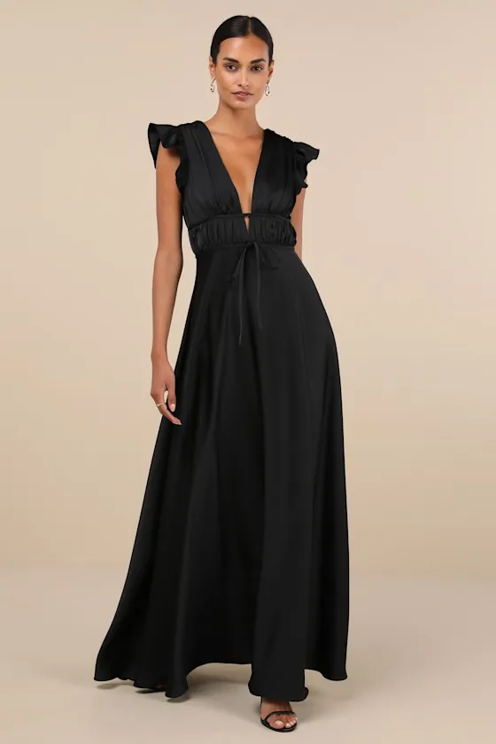 I'm All Yours Black Satin Cutout Ruffled Maxi Dress sold by Lulus