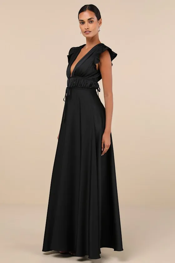 I'm All Yours Black Satin Cutout Ruffled Maxi Dress sold by Lulus product image thumbnail 4