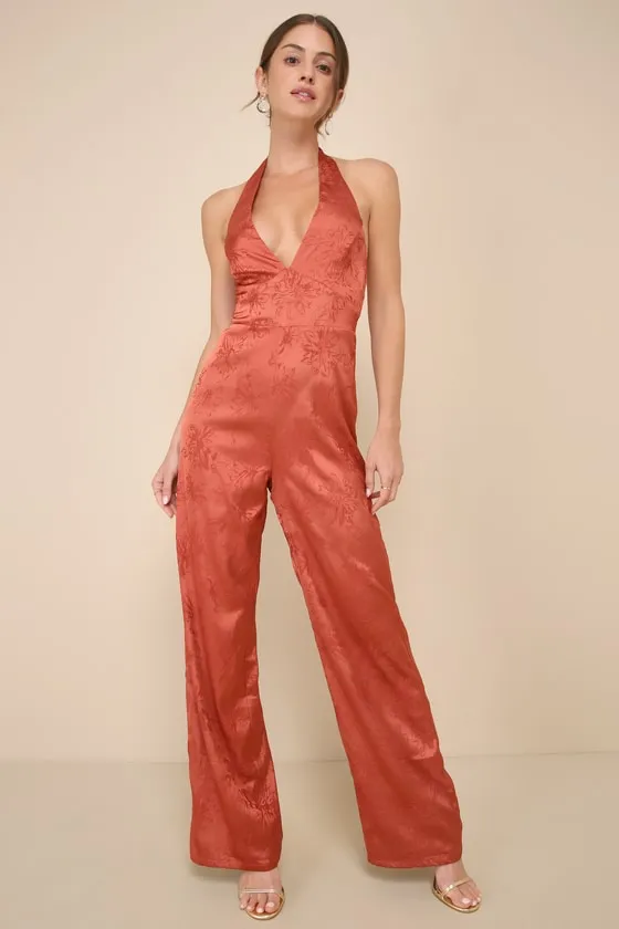 Elegant Aspect Rust Floral Jacquard Halter Wide-Leg Jumpsuit sold by Lulus