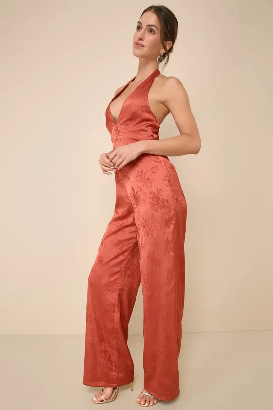 Elegant Aspect Rust Floral Jacquard Halter Wide-Leg Jumpsuit sold by Lulus product image thumbnail 3