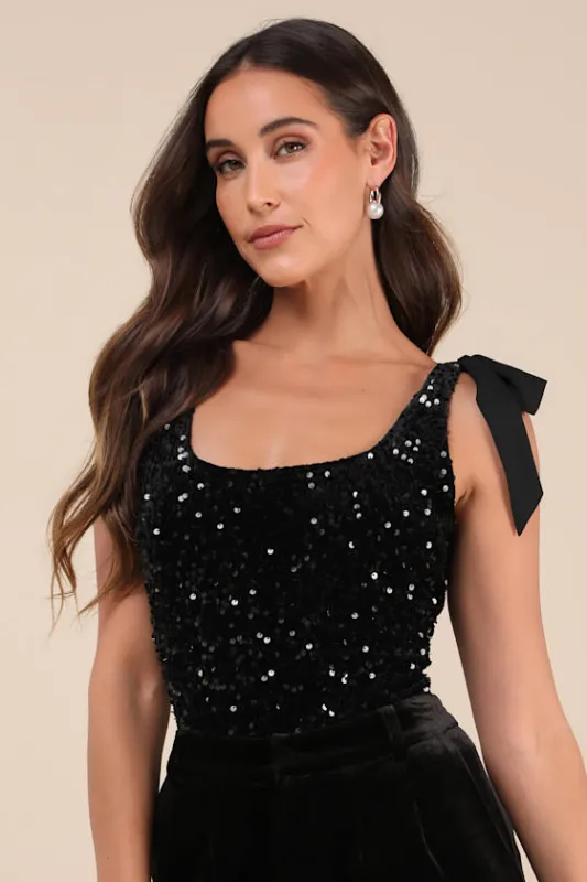 Adept Allure Black Velvet Sequin Tie-Strap Bodysuit sold by Lulus