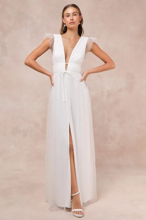 I'm All Yours White Tulle Ruffled Maxi Dress sold by Lulus