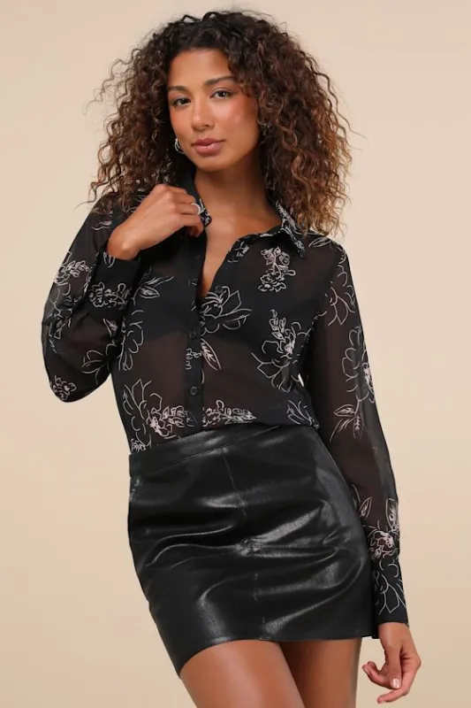 Essential Charmer Black and Pink Floral Sheer Button-Up Top sold by Lulus
