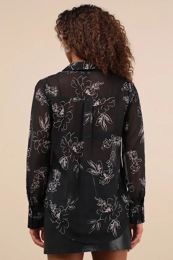 Essential Charmer Black and Pink Floral Sheer Button-Up Top sold by Lulus product image thumbnail 2