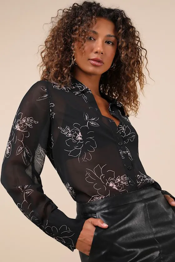 Essential Charmer Black and Pink Floral Sheer Button-Up Top sold by Lulus product image thumbnail 4