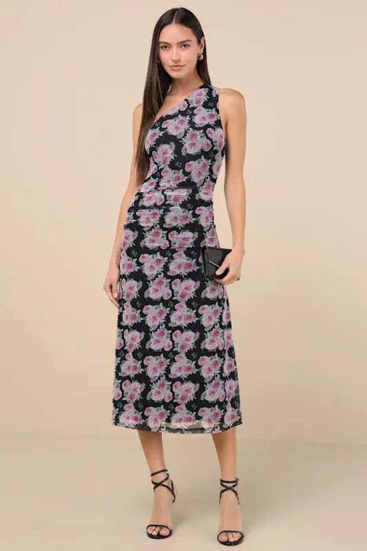 Outstanding Mood Black Floral Slinky Knit One-Shoulder Dress sold by Lulus