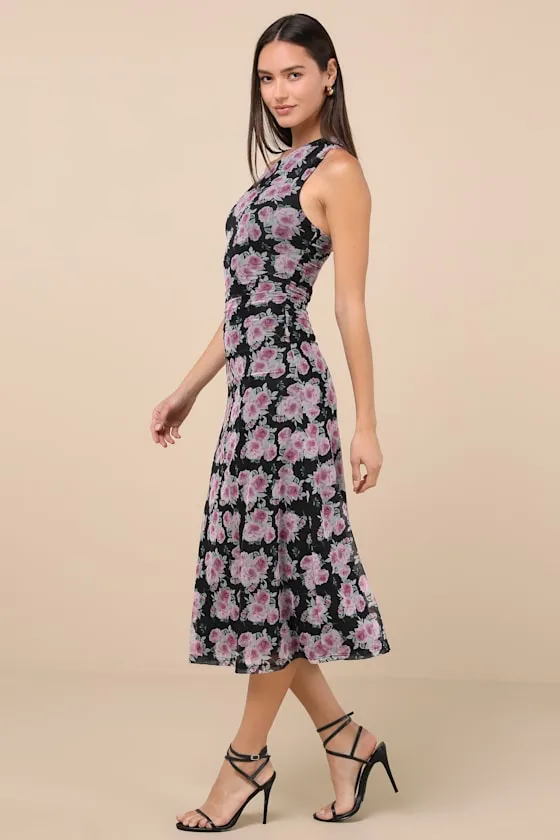 Outstanding Mood Black Floral Slinky Knit One-Shoulder Dress sold by Lulus product image thumbnail 3