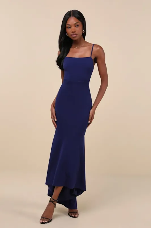 Stunning Enchantment Navy Backless Trumpet Hem Maxi Dress sold by Lulus