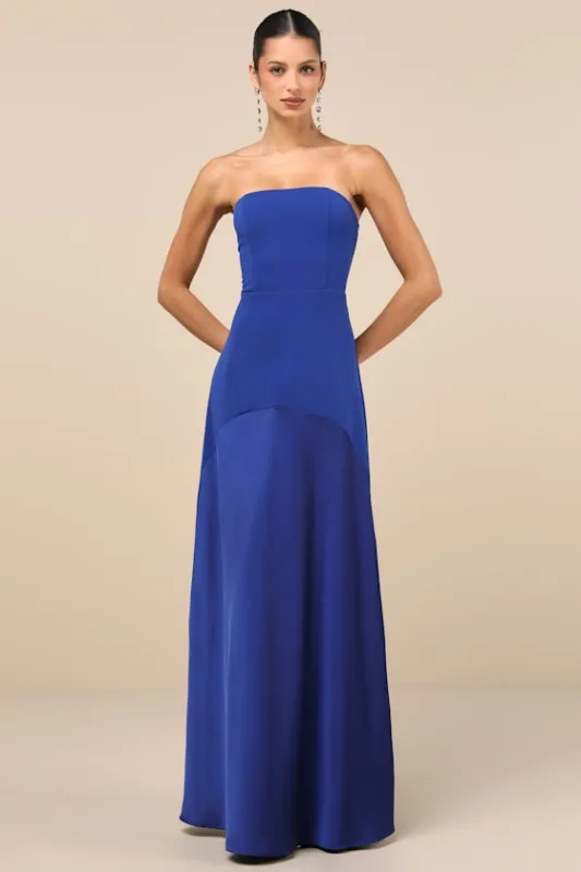 Compelling Style Royal Blue Strapless A-Line Maxi Dress sold by Lulus