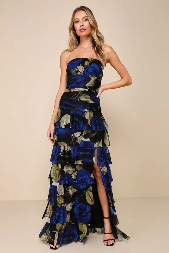 Phenomenal Aura Black Floral Ruched Tiered Strapless Maxi Dress sold by Lulus