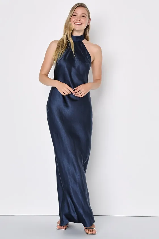 Love in Your Life Navy Blue Satin Halter Maxi Dress sold by Lulus