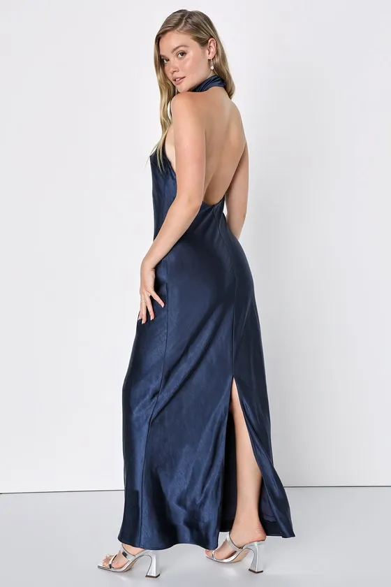 Love in Your Life Navy Blue Satin Halter Maxi Dress sold by Lulus product image thumbnail 3