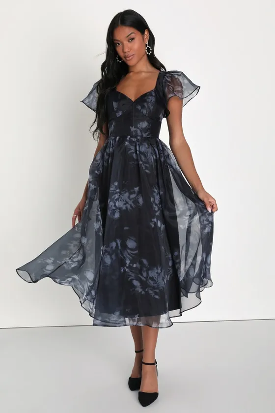 Mesmerizing Mood Black Floral Organza Ruffled A-Line Midi Dress sold by Lulus