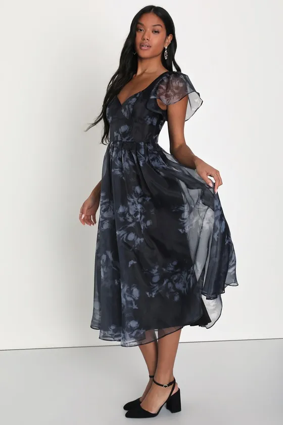 Mesmerizing Mood Black Floral Organza Ruffled A-Line Midi Dress sold by Lulus product image thumbnail 2