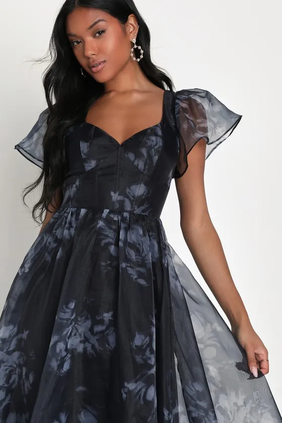Mesmerizing Mood Black Floral Organza Ruffled A-Line Midi Dress sold by Lulus product image thumbnail 3