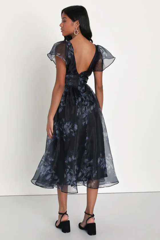 Mesmerizing Mood Black Floral Organza Ruffled A-Line Midi Dress sold by Lulus product image thumbnail 4