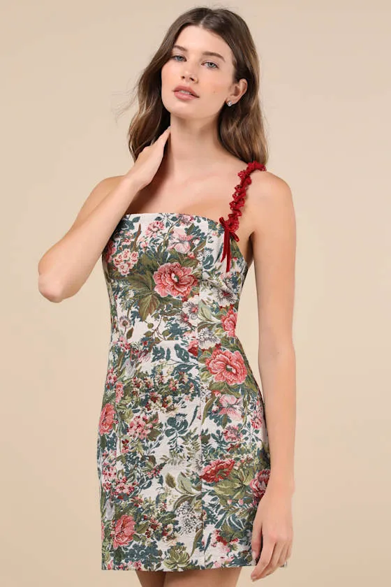 Dreamy Composure Beige Multi Floral Jacquard Lace-Up Mini Dress sold by Lulus product image thumbnail 2