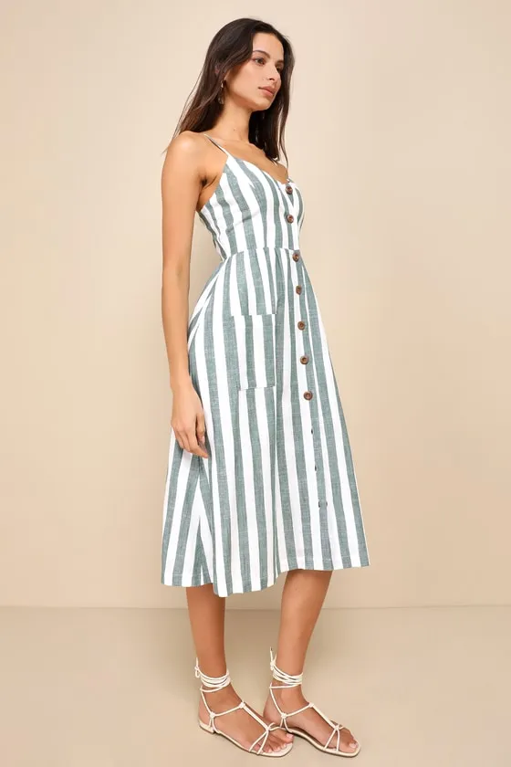 Marseille Mood Green Striped Linen Midi Dress With Pockets sold by Lulus