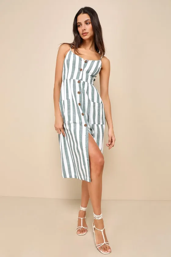 Marseille Mood Green Striped Linen Midi Dress With Pockets sold by Lulus product image thumbnail 2