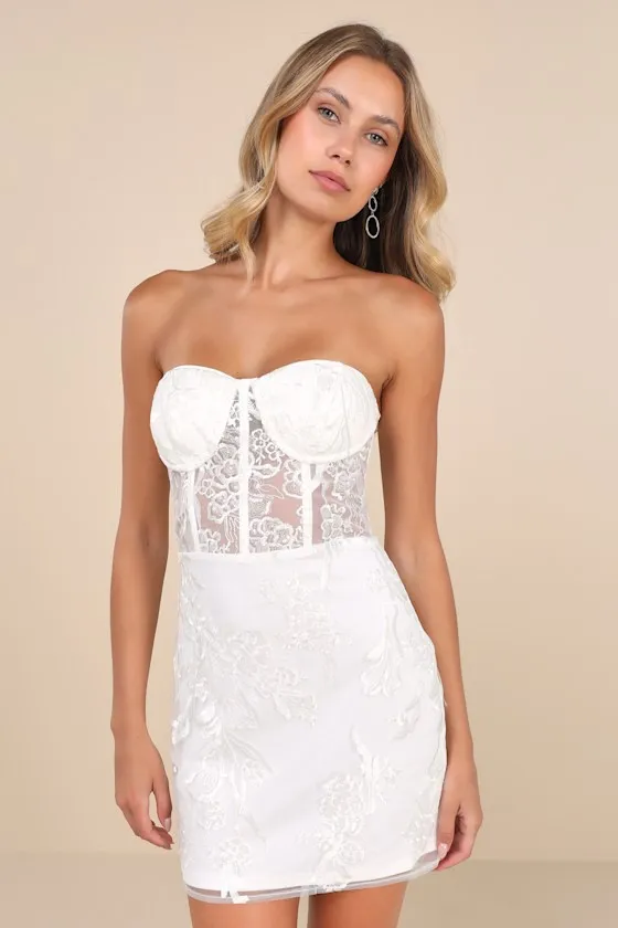 Unreal Date White Sequin Embroidered Strapless Mini Dress sold by Lulus