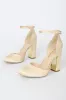 Laura Champagne Satin Ankle Strap Heels sold by Lulus