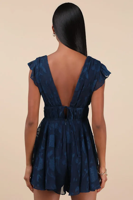 All About The Flowers Navy Burnout Floral Ruffled Romper sold by Lulus product image thumbnail 3