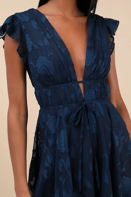 All About The Flowers Navy Burnout Floral Ruffled Romper sold by Lulus product image thumbnail 4