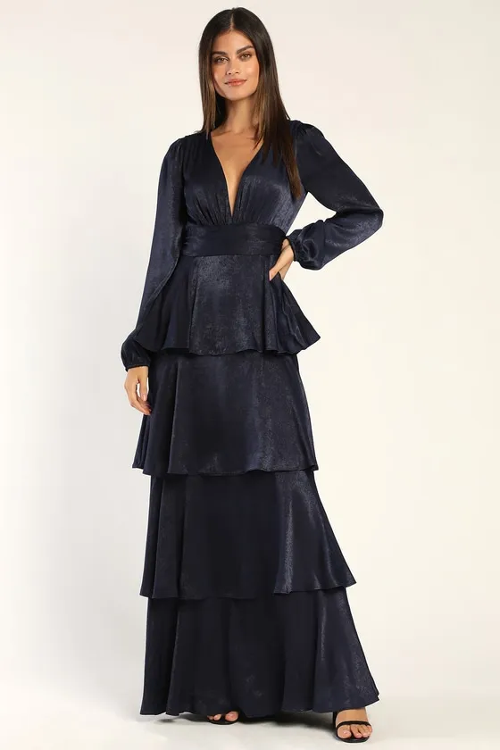 Tier For Love Navy Blue Satin Long Sleeve Tiered Maxi Dress sold by Lulus