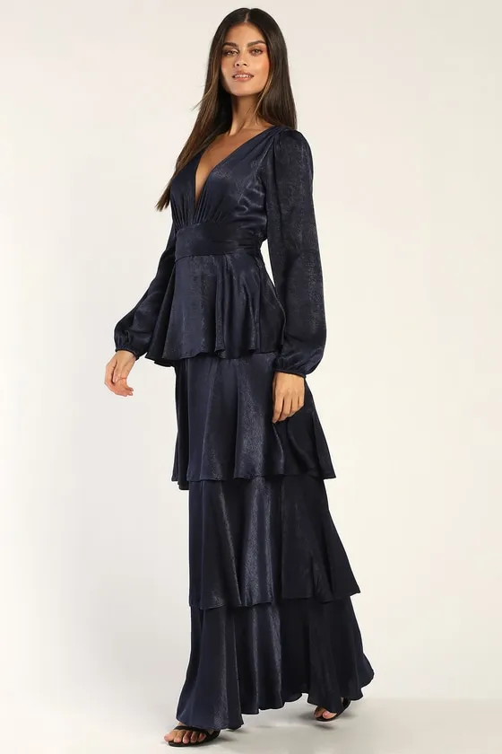 Tier For Love Navy Blue Satin Long Sleeve Tiered Maxi Dress sold by Lulus product image thumbnail 2