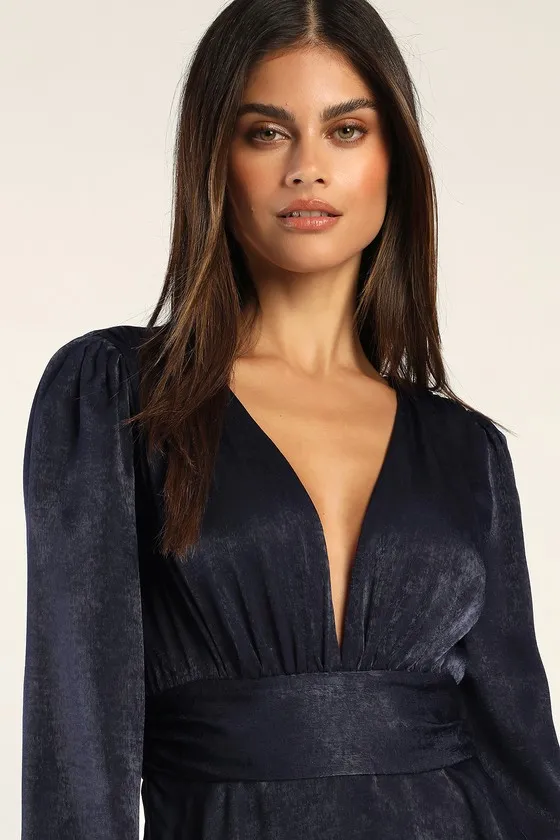 Tier For Love Navy Blue Satin Long Sleeve Tiered Maxi Dress sold by Lulus product image thumbnail 3