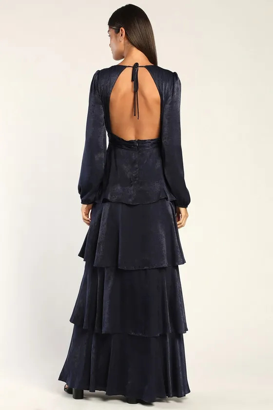 Tier For Love Navy Blue Satin Long Sleeve Tiered Maxi Dress sold by Lulus product image thumbnail 4