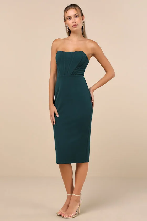 Gorgeously Sultry Emerald Green Bustier Strapless Midi Dress sold by Lulus