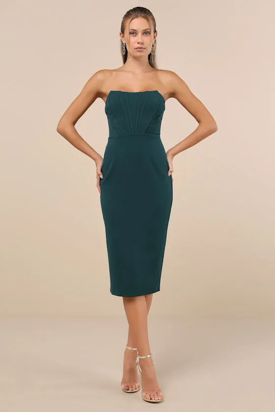 Gorgeously Sultry Emerald Green Bustier Strapless Midi Dress sold by Lulus product image thumbnail 2