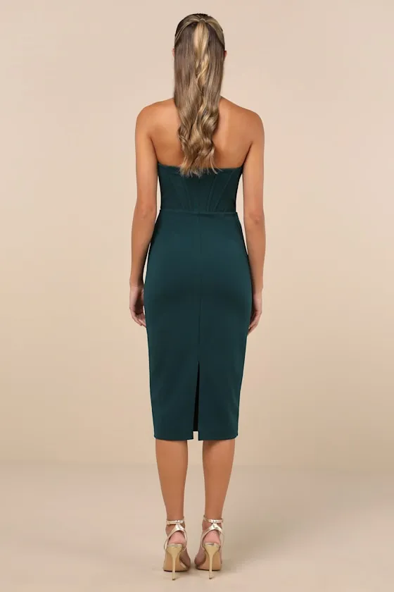 Gorgeously Sultry Emerald Green Bustier Strapless Midi Dress sold by Lulus product image thumbnail 3