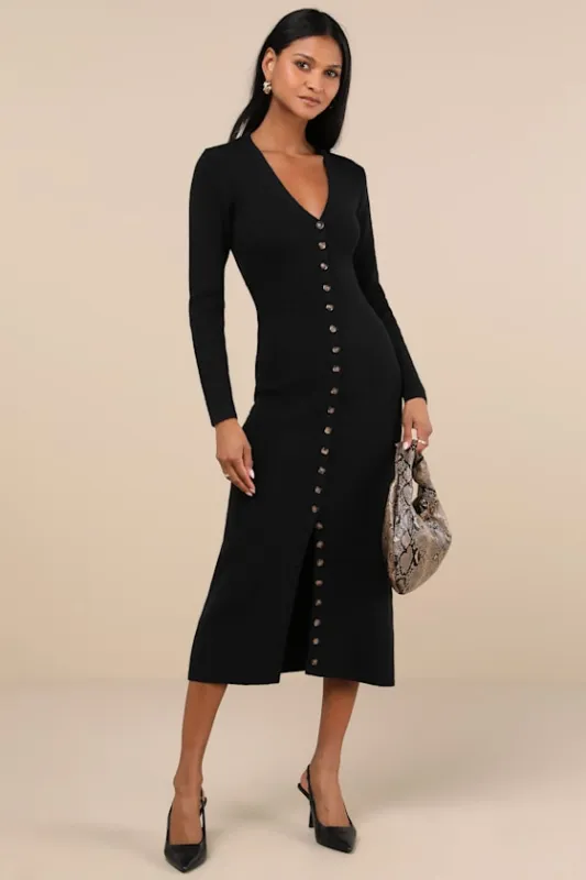 Cold Weather Crush Black Button-Up Sweater Midi Dress sold by Lulus
