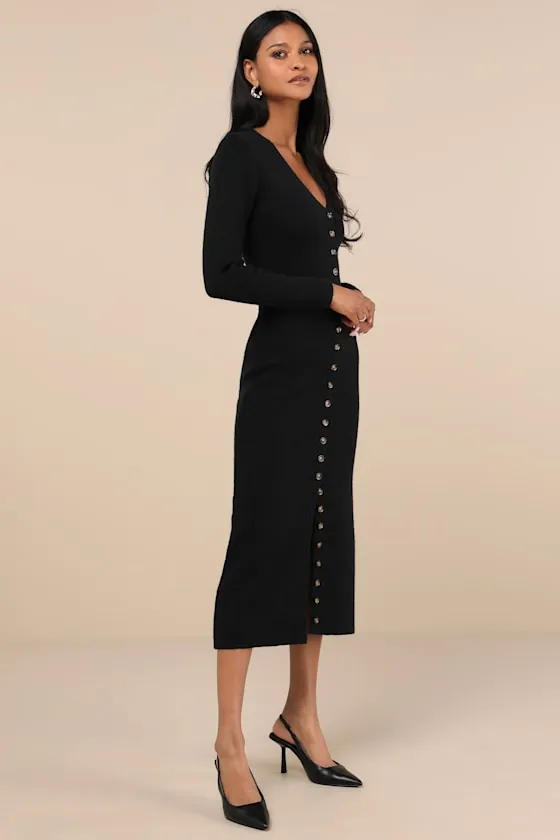 Cold Weather Crush Black Button-Up Sweater Midi Dress sold by Lulus product image thumbnail 2