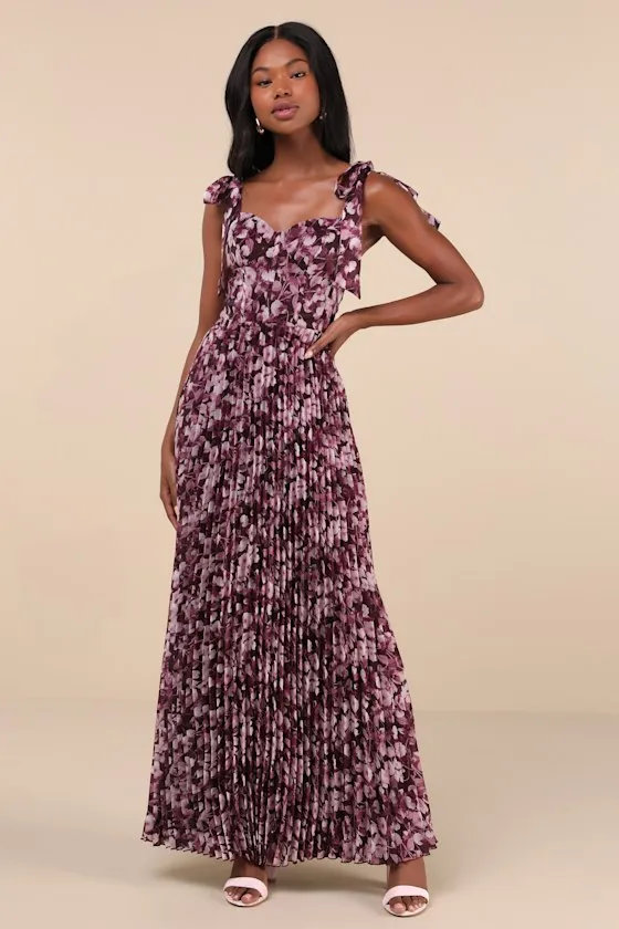 Illustrious Aura Plum Purple Floral Bustier Tie-Strap Maxi Dress sold by Lulus