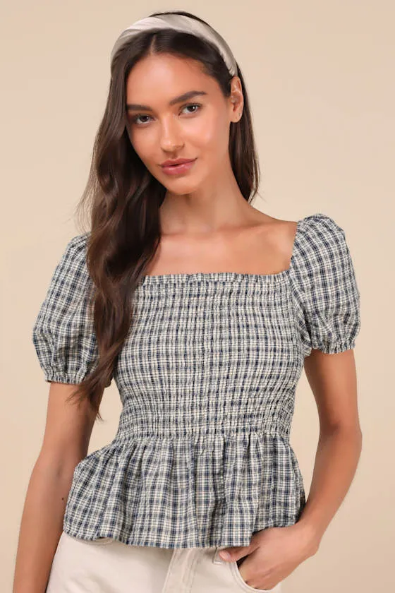 Charming Sense Cream and Navy Gingham Smocked Peplum Top sold by Lulus
